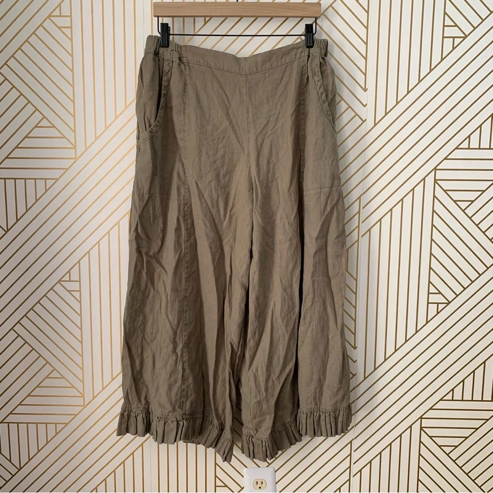 Heart’s Desire by Mary Grace Garbo Lagenlook Wide Leg Ruffle Bottom Linen Pant L - Picture 8 of 9